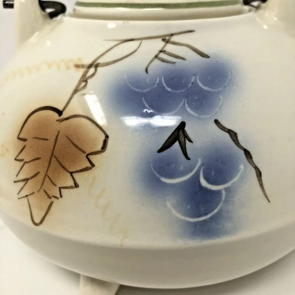 California Pottery Teapot Vintage 3 Toed Handpainted Fruit Metal Coil Handle USA